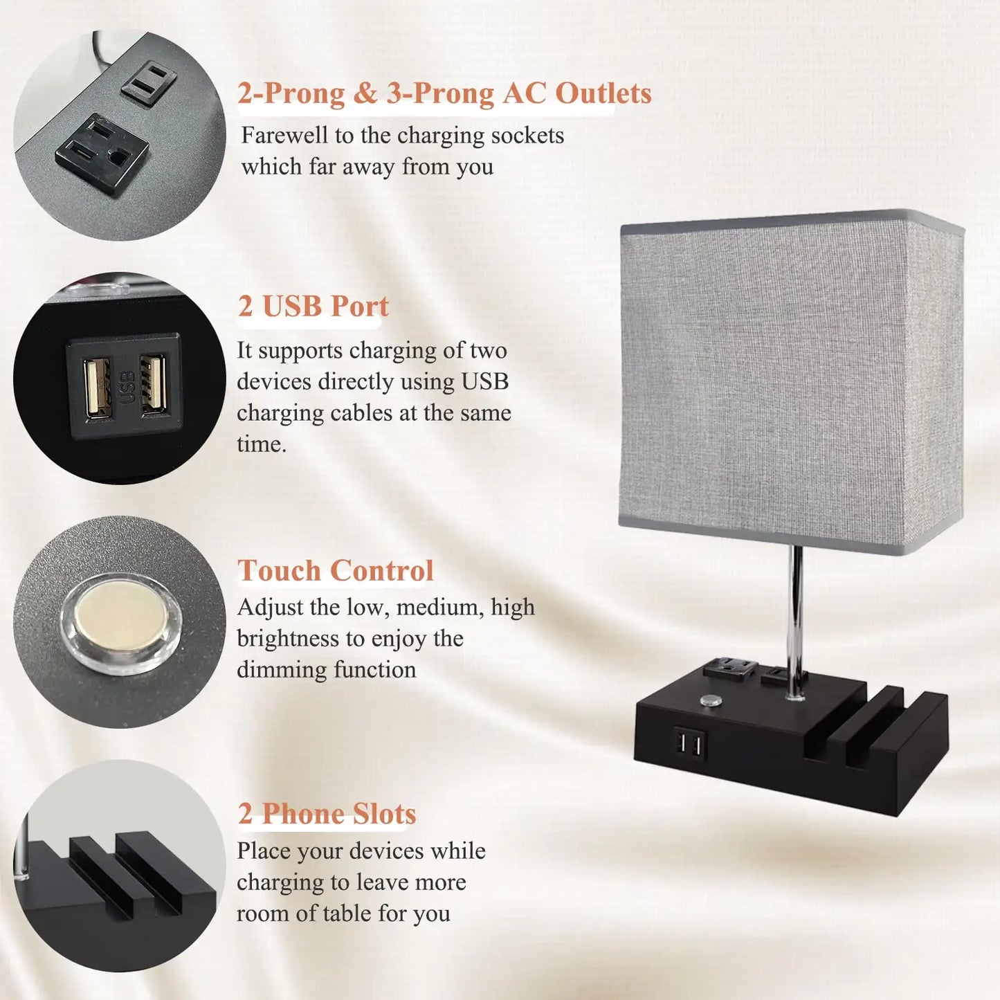 SZRSTH Bedside Table Lamp With Dual USB Ports Dimmable