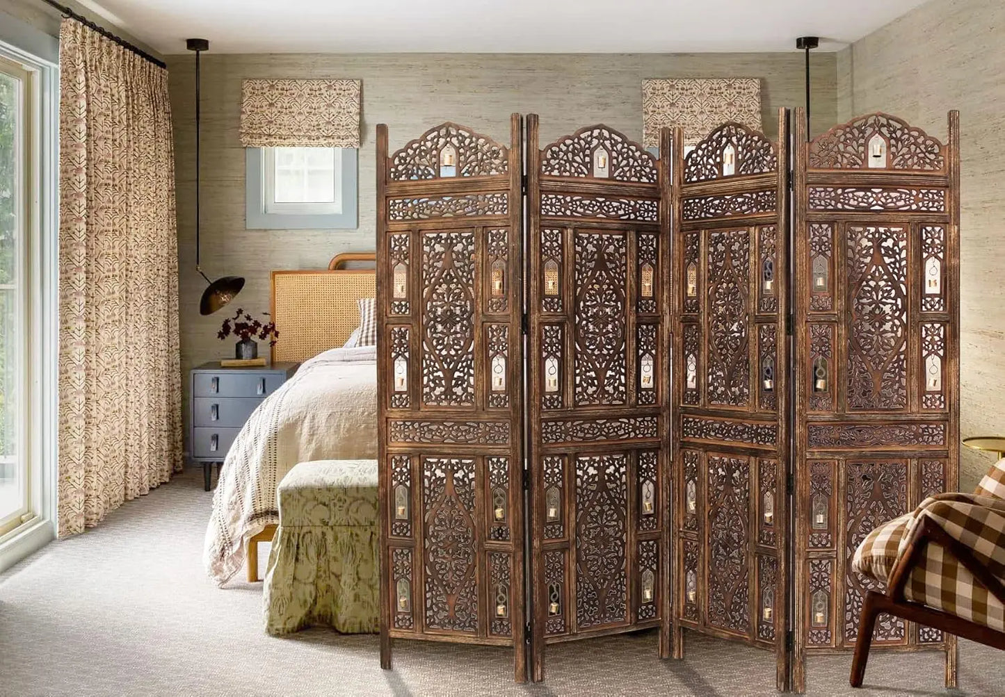 Room Divider Wood Screen Hand Carved Antique Folding