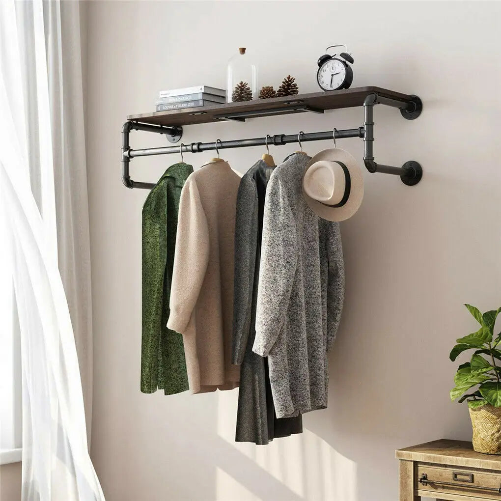 Industrial Pipe Clothing Rack Wall Mounted Wood Shelf
