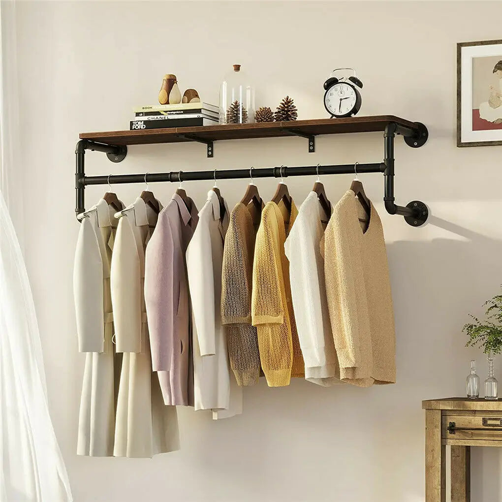 Industrial Pipe Clothing Rack Wall Mounted Wood Shelf