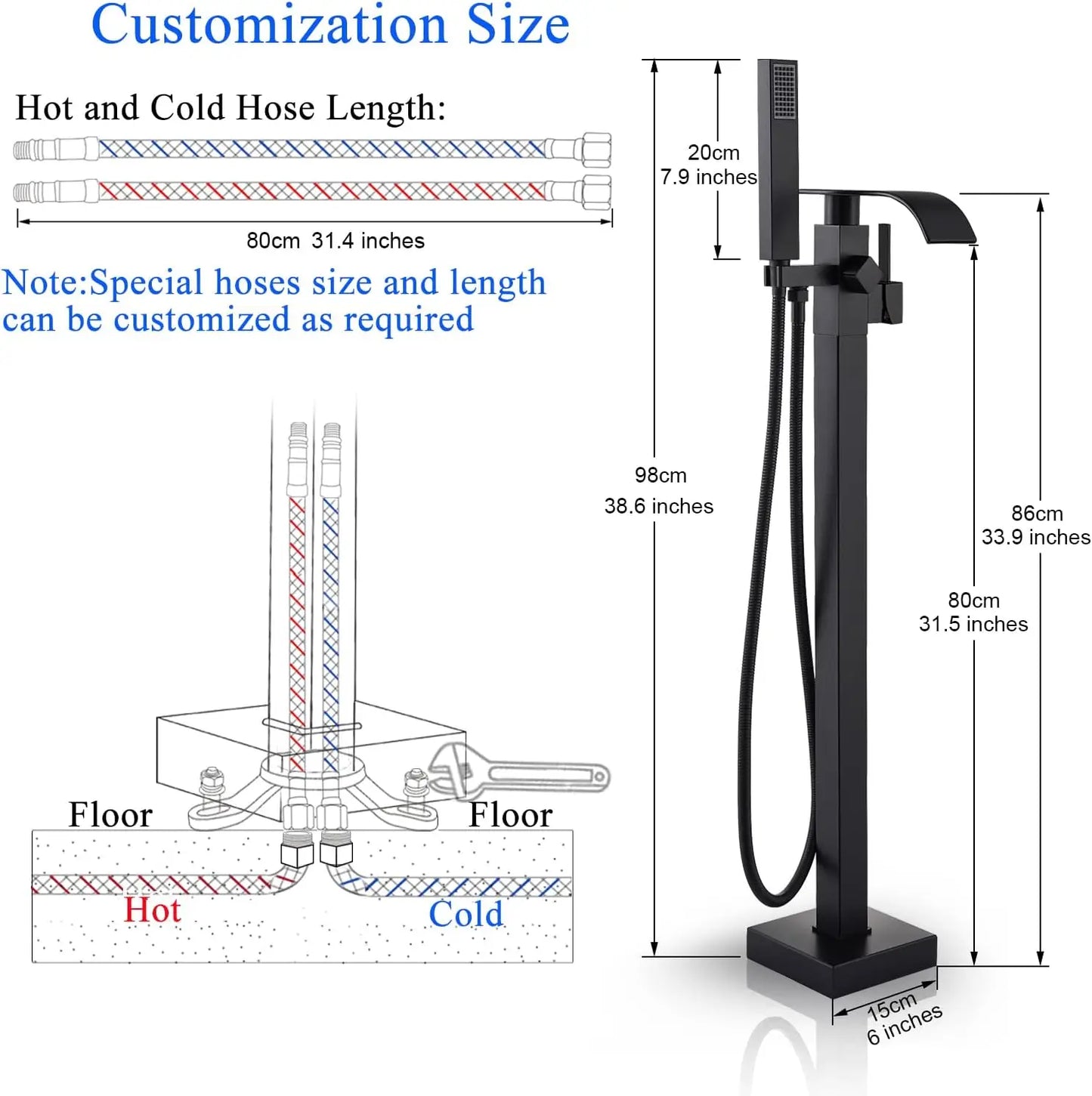 Black Waterfall Free Standing Tub Faucet Floor Tub Filler Faucet Brass Bathroom Tub Faucets with Hand Shower