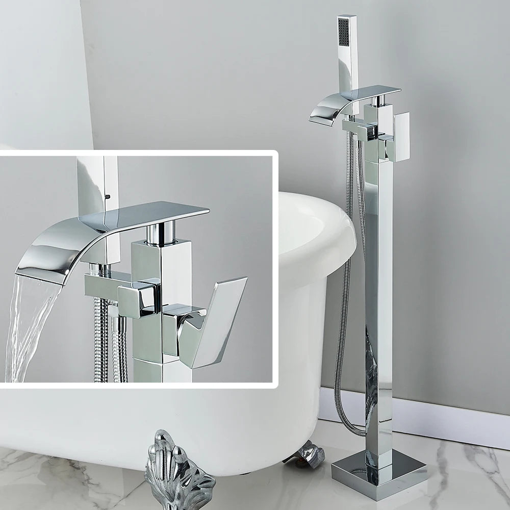 Black Waterfall Free Standing Tub Faucet Floor Tub Filler Faucet Brass Bathroom Tub Faucets with Hand Shower