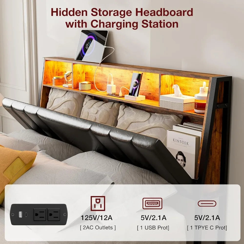 Hidden Storage Headboard Queen Size with Charging Station, Ergonomic Upholstered Queen Headboard Only with LED Lights, 2 Outlet