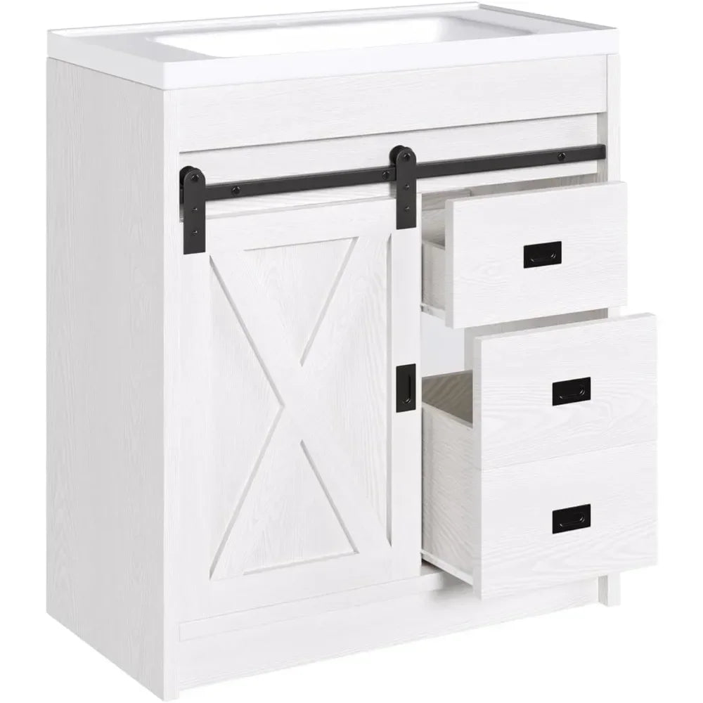 with 2 Drawers & Sliding Barn Door, Farmhouse Bathroom Vanity with Sink, Bathroom Vanity Cabinet