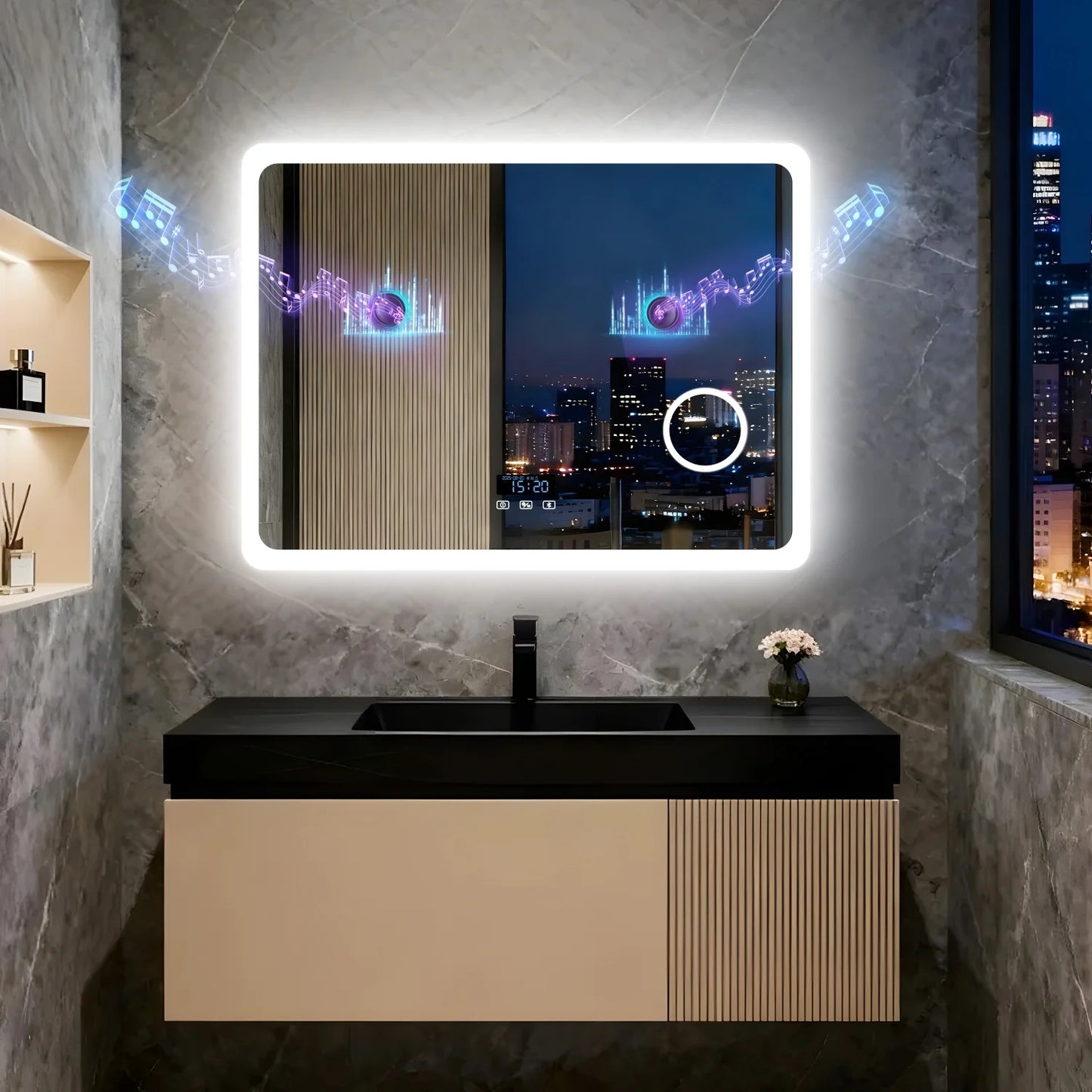 80/100/120/CM LED Bluetooth Bathroom Mirror Touch Antifog with 3X Magnifier Dimmable Date and Time Setting Vanity Mirror