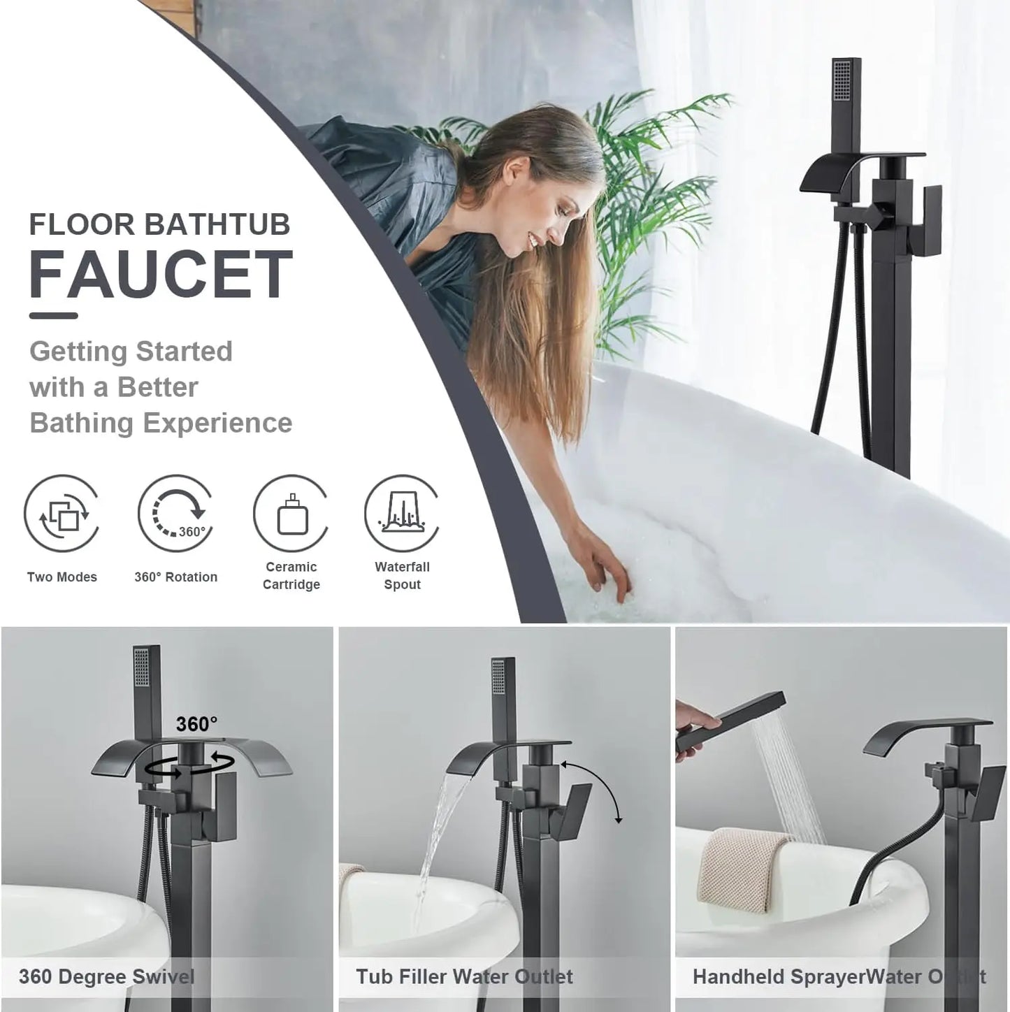 Black Waterfall Free Standing Tub Faucet Floor Tub Filler Faucet Brass Bathroom Tub Faucets with Hand Shower
