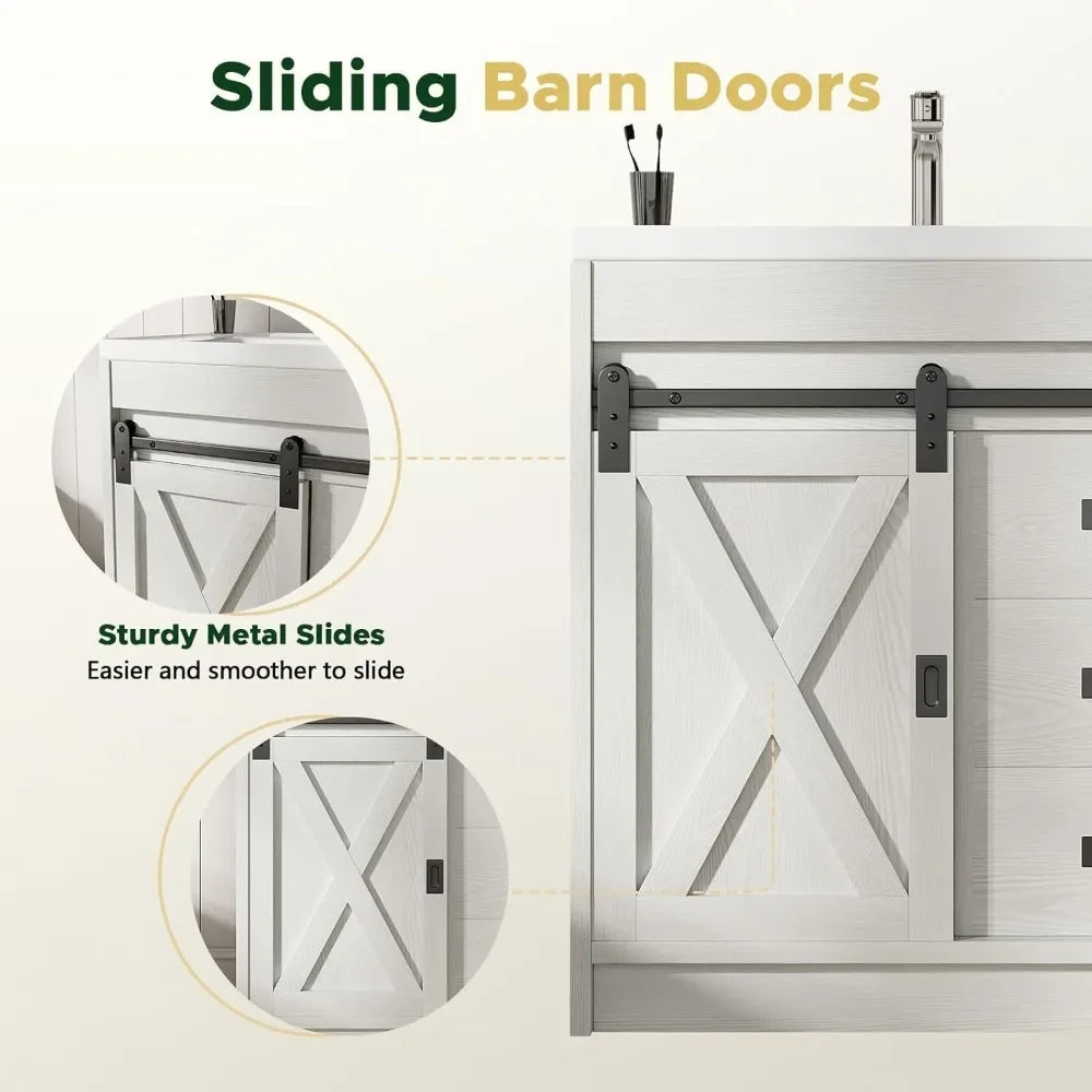 with 2 Drawers & Sliding Barn Door, Farmhouse Bathroom Vanity with Sink, Bathroom Vanity Cabinet