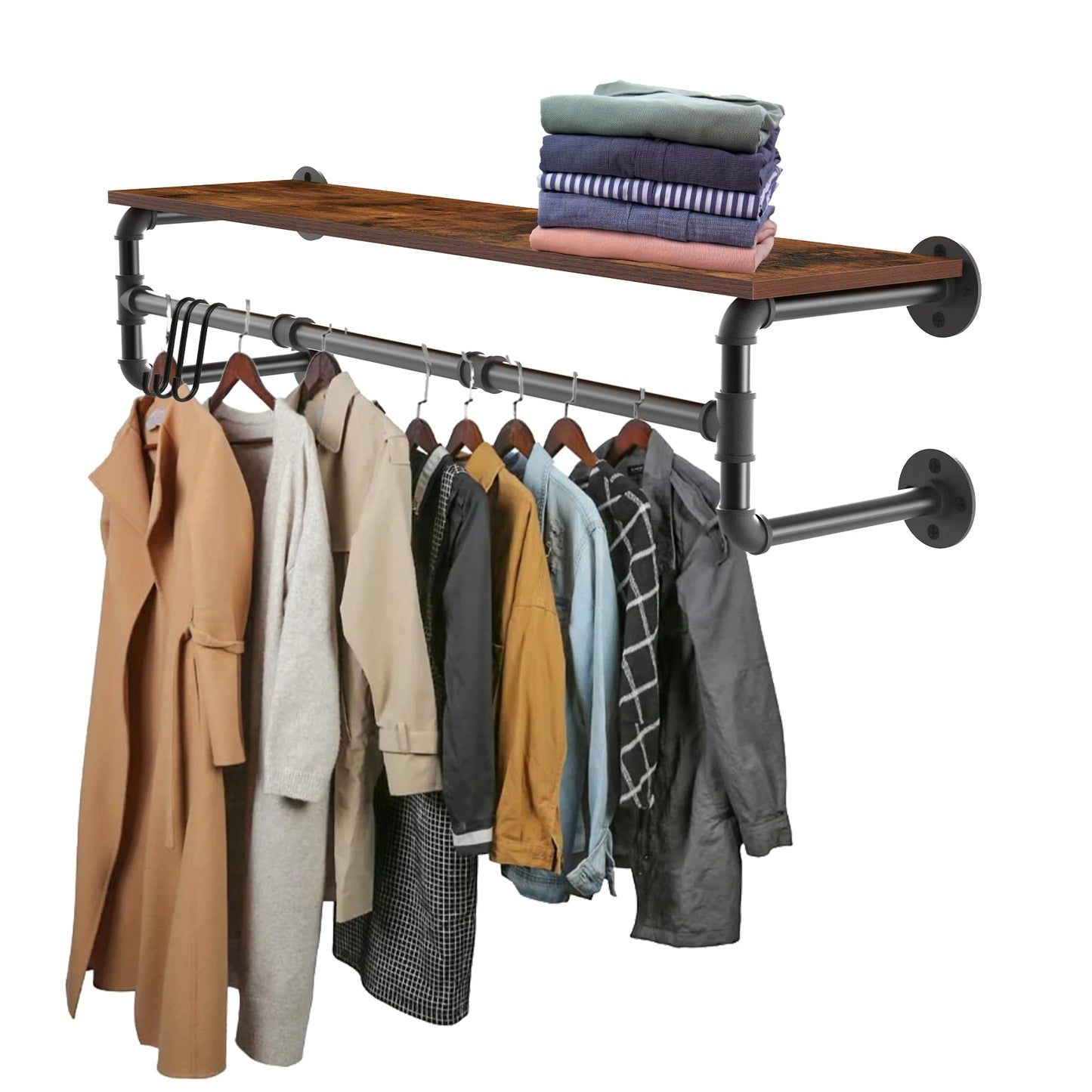 Industrial Pipe Clothing Rack Wall Mounted Wood Shelf