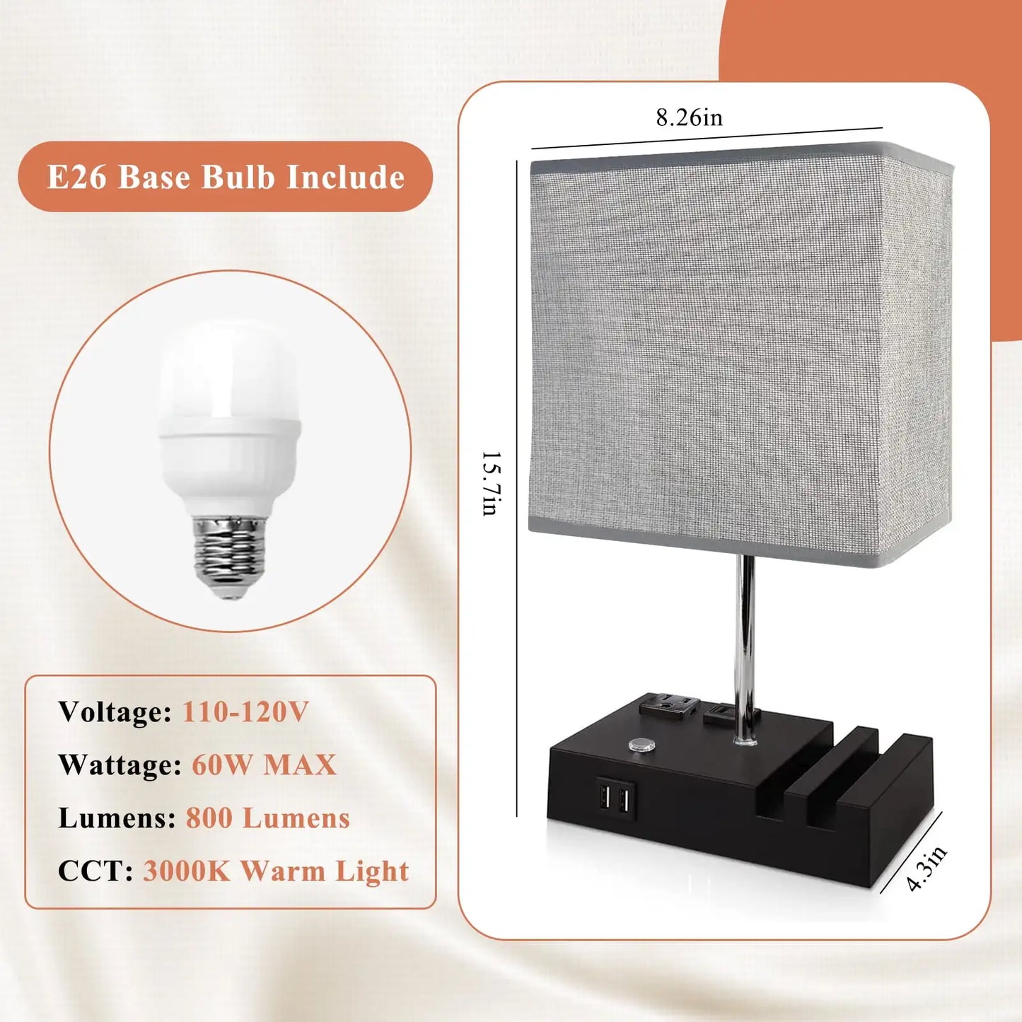 SZRSTH Bedside Table Lamp With Dual USB Ports Dimmable