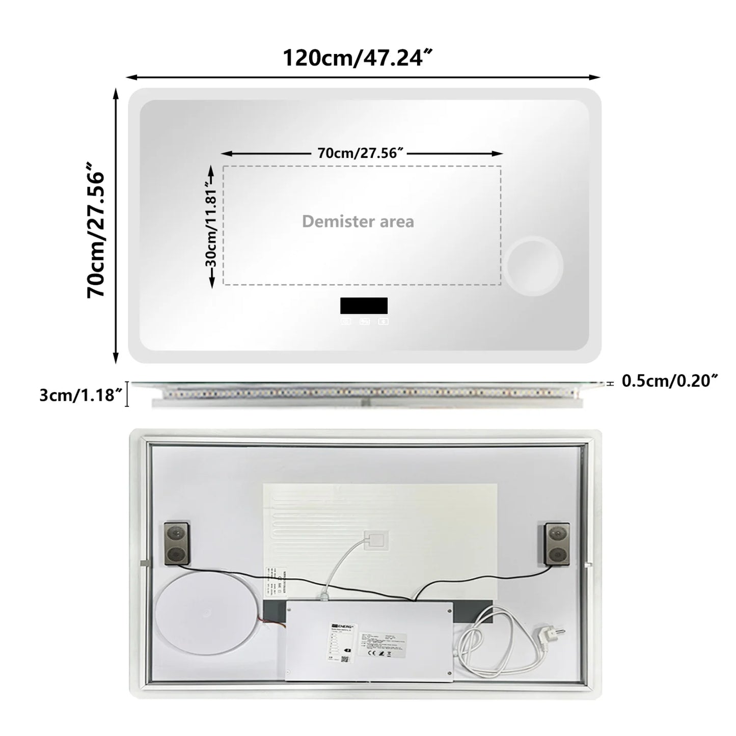 80/100/120/CM LED Bluetooth Bathroom Mirror Touch Antifog with 3X Magnifier Dimmable Date and Time Setting Vanity Mirror