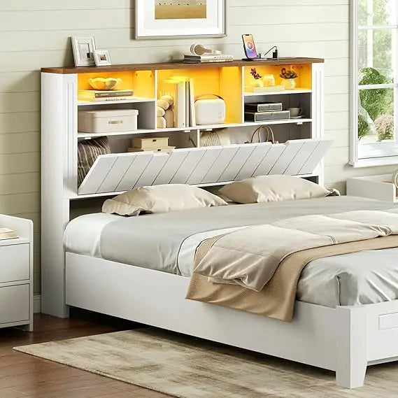 Queen Headboard Only, Bookcase Headboards with Charging Station and LED Lights, Farmhouse Headboard Queen Size with Storage