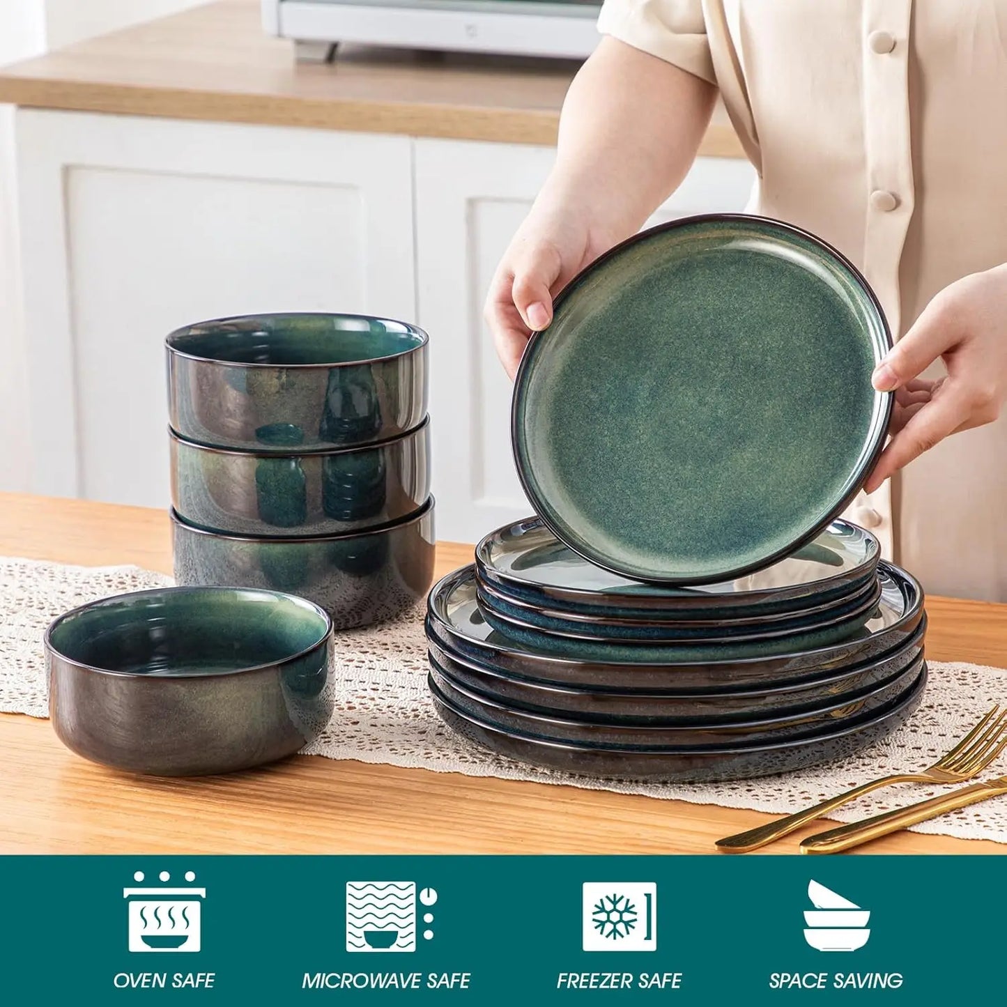 Starry 12 Piece Dinnerware Set With Reactive Glaze Plates Bowls