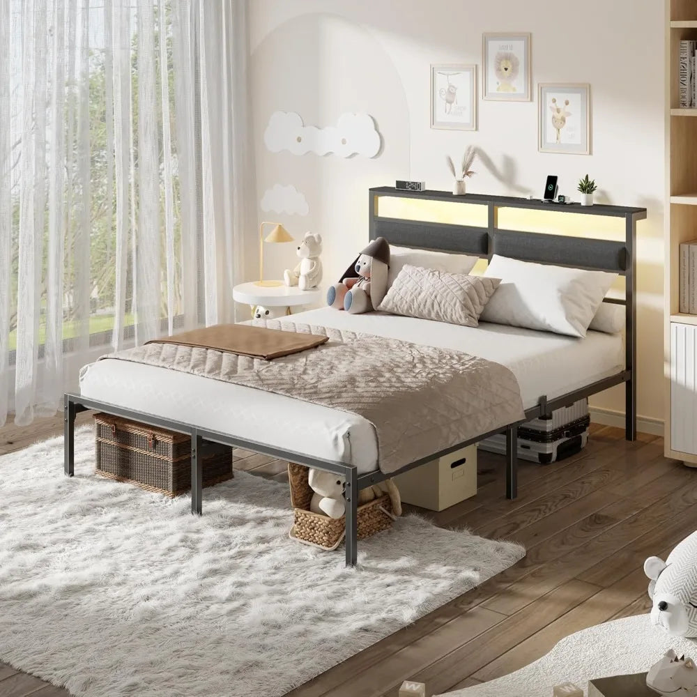 HUANZHUANG Bed Frame With LED Headboard Charging Station Storage Shelf