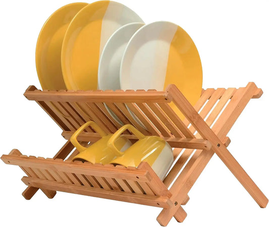 XMSJ Bamboo Dish Drying Rack 2 Tier Collapsible Kitchen Counter Organizer