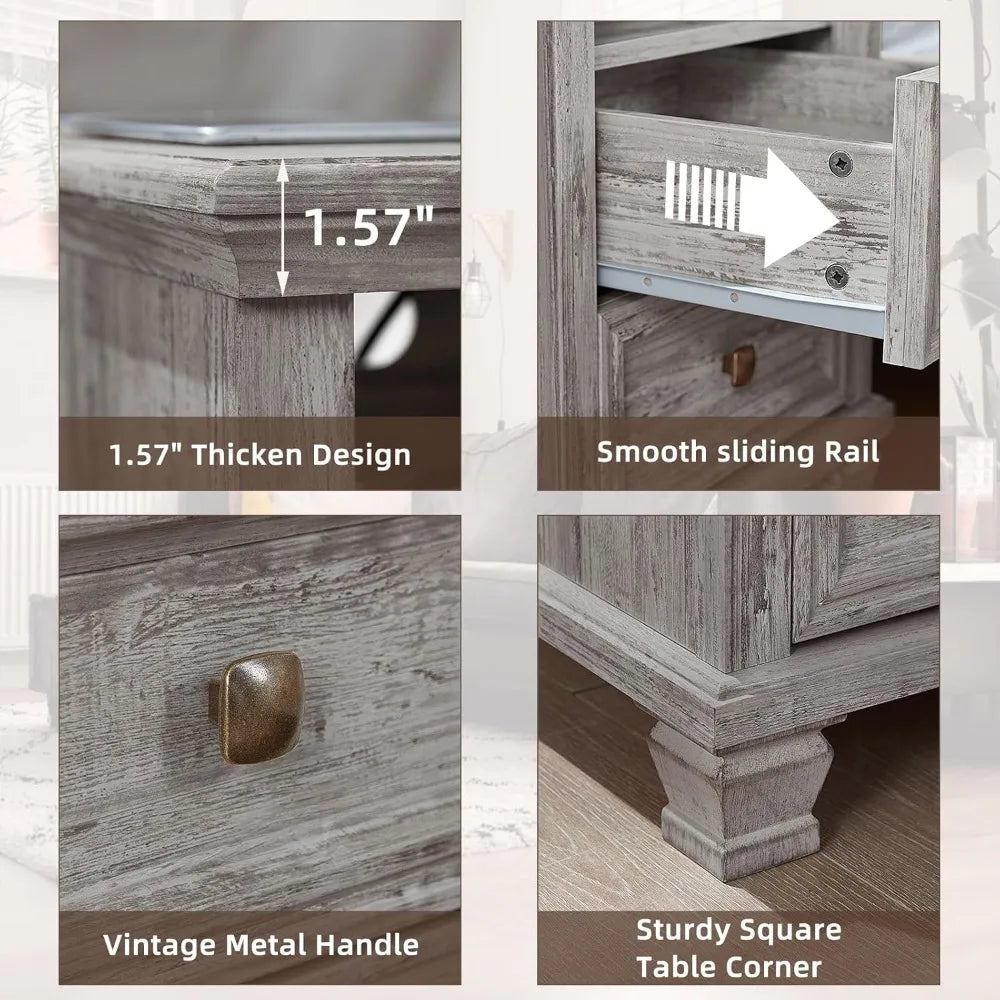 Farmhouse Nightstand with Charging Station, Rustic Nightstand,2 Drawers End Table for Living Room,Bedside Table with Open Shelf