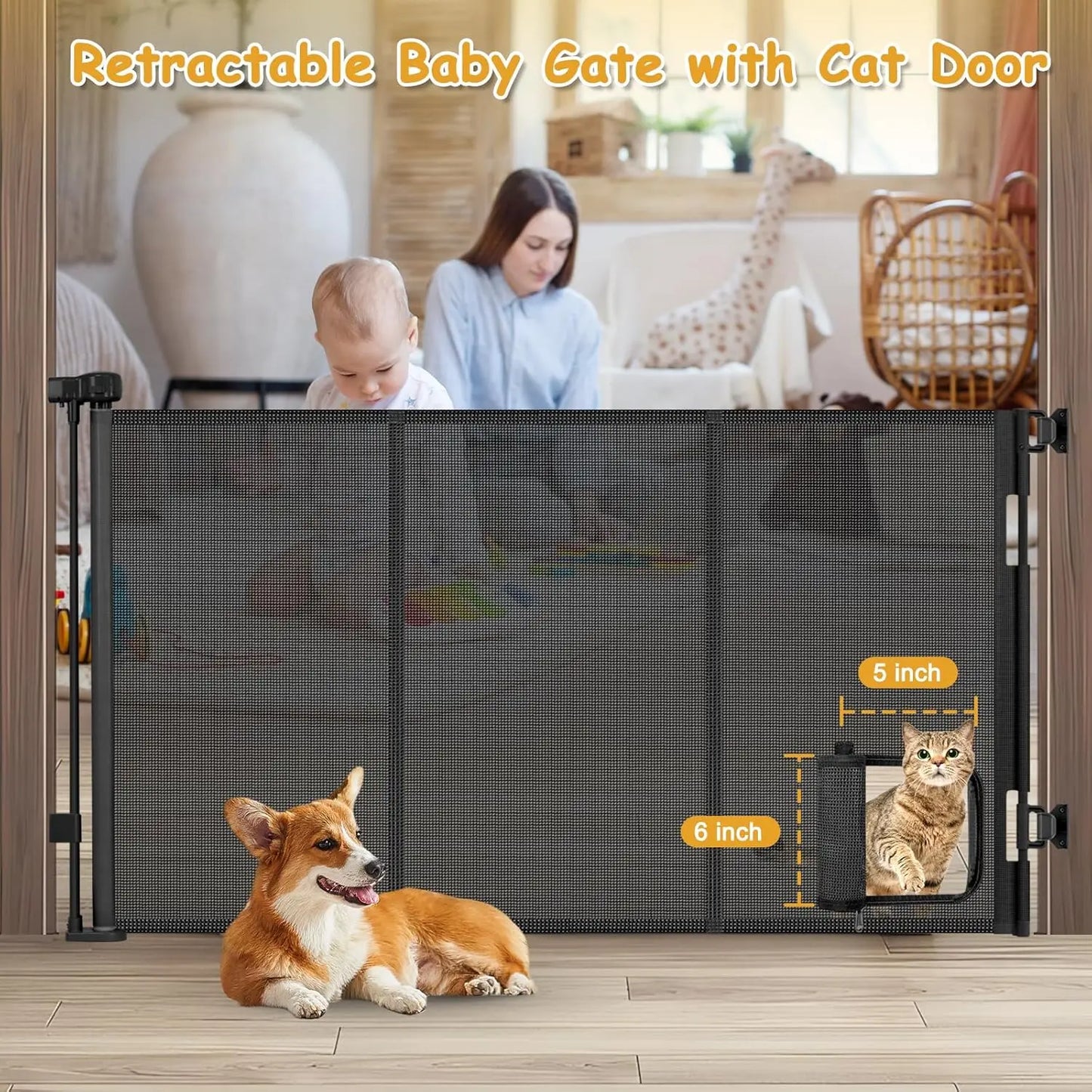 Retractable Pet Gate With Cat Door Reinforced Mesh Space Saving