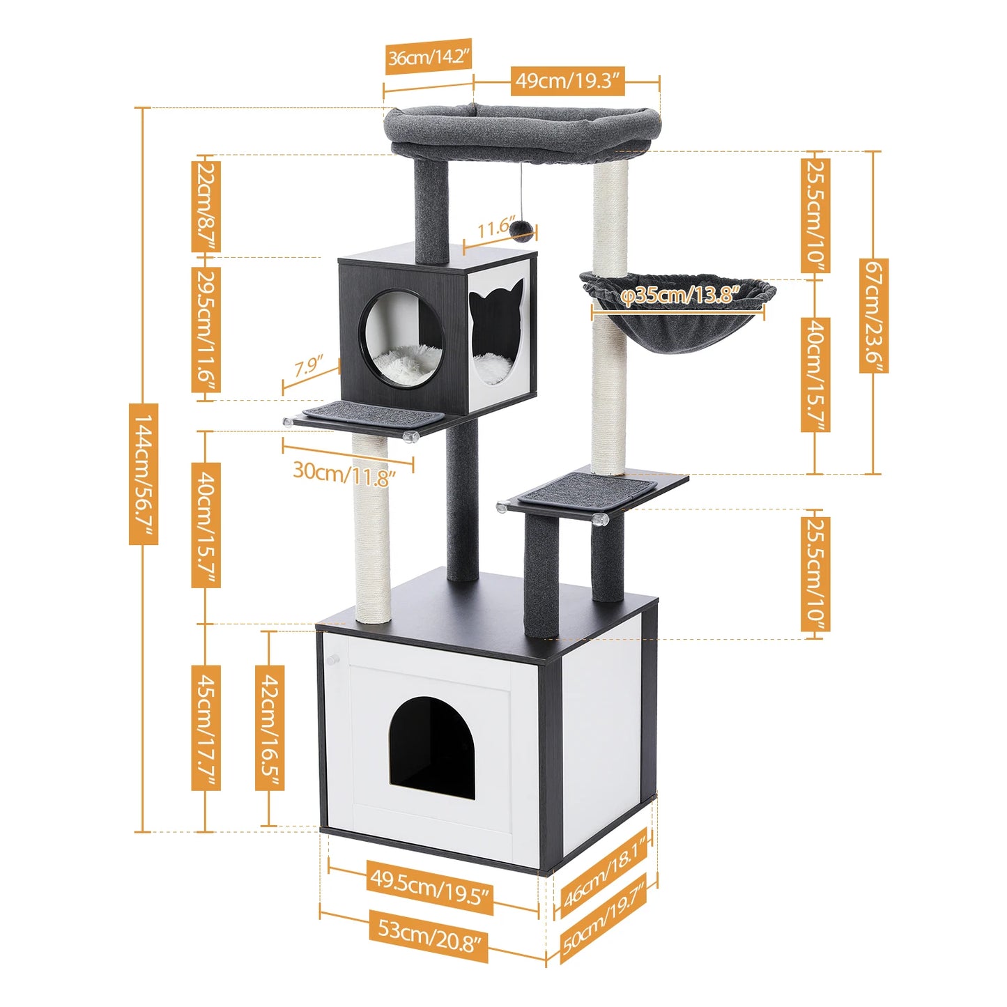 PEQULTICN Cat Tree Tower Litter Box Wood Structure Storage