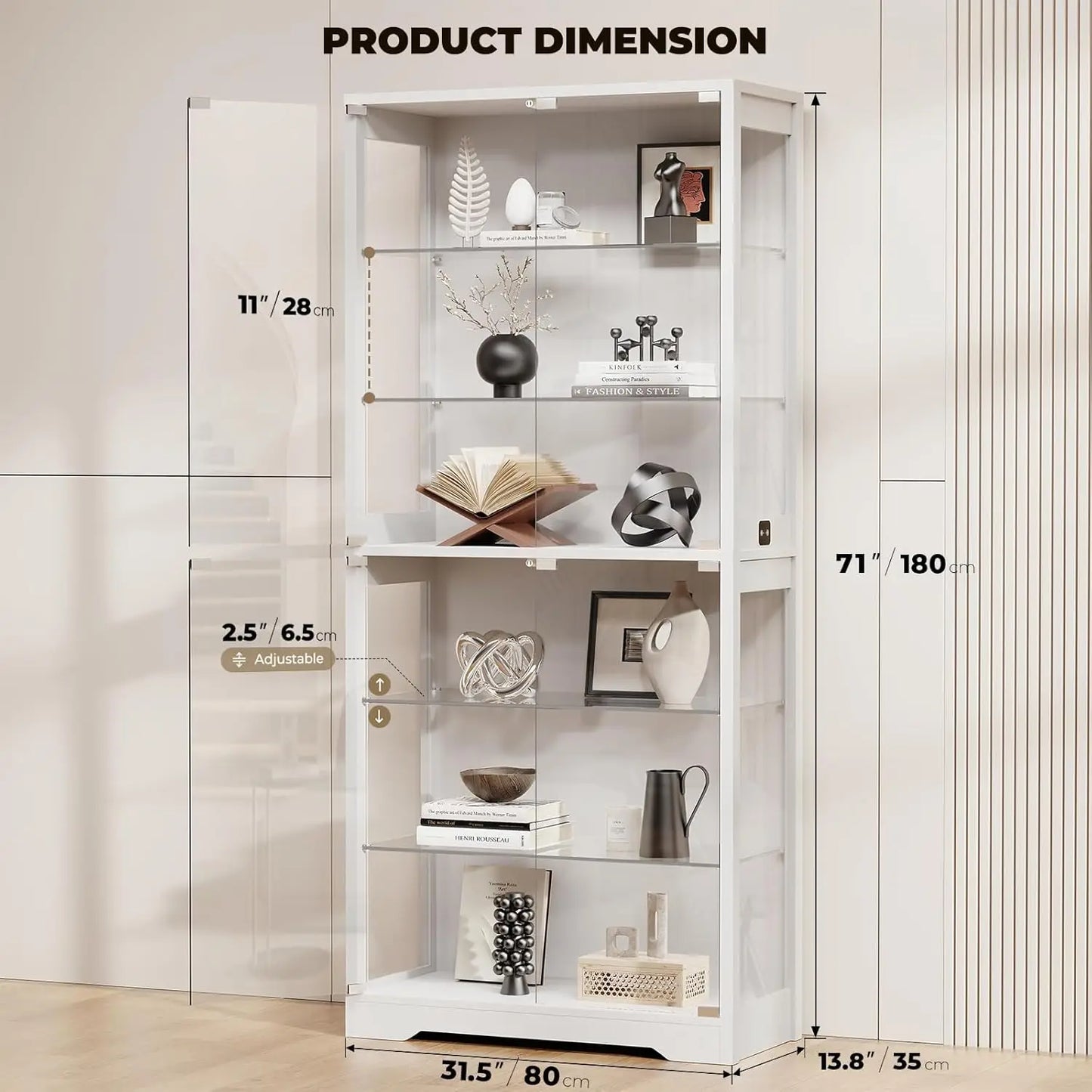 Display Cabinet With Glass Door 6 Tier Curio Cabinet Three Color LED Lighting