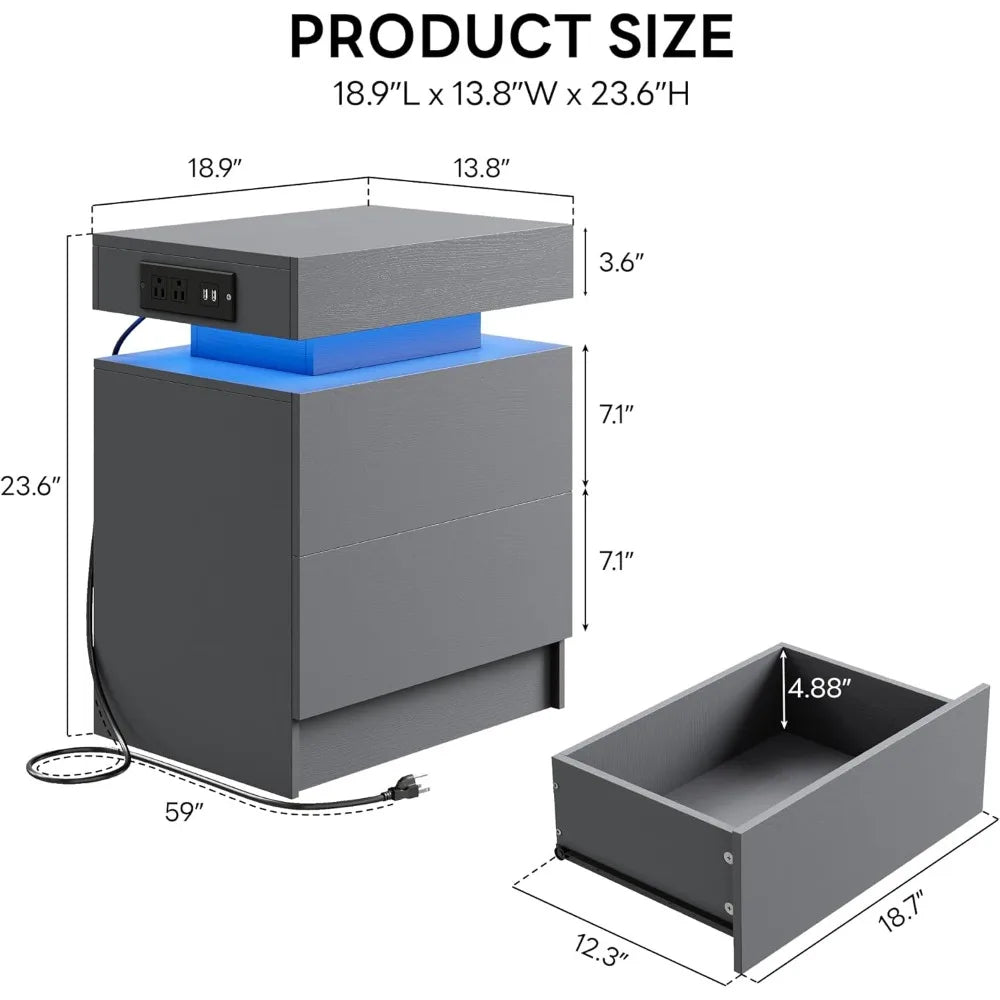 CHENGWEI Nightstand With Charging Station And LED Drawer