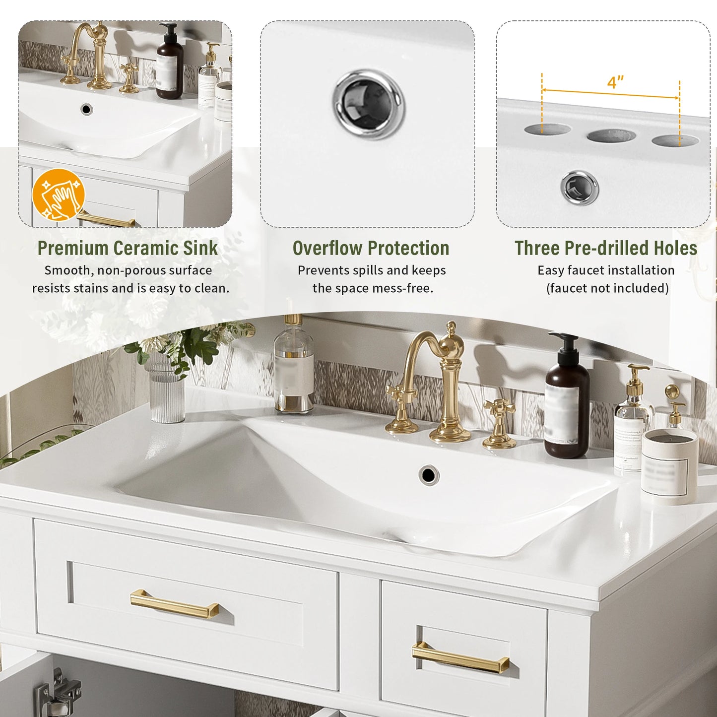 SH.KL 30" Bathroom Vanity with Ceramic Sink, Modern Storage Cabinet with Soft-Close Doors, Bathroom Furniture, Vanities