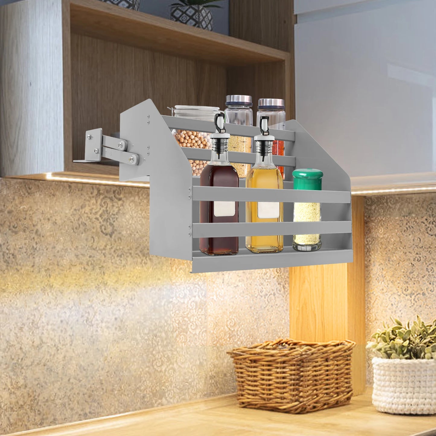 2 Tier Pull Down Cabinet Shelf Organizer For Kitchen Storage