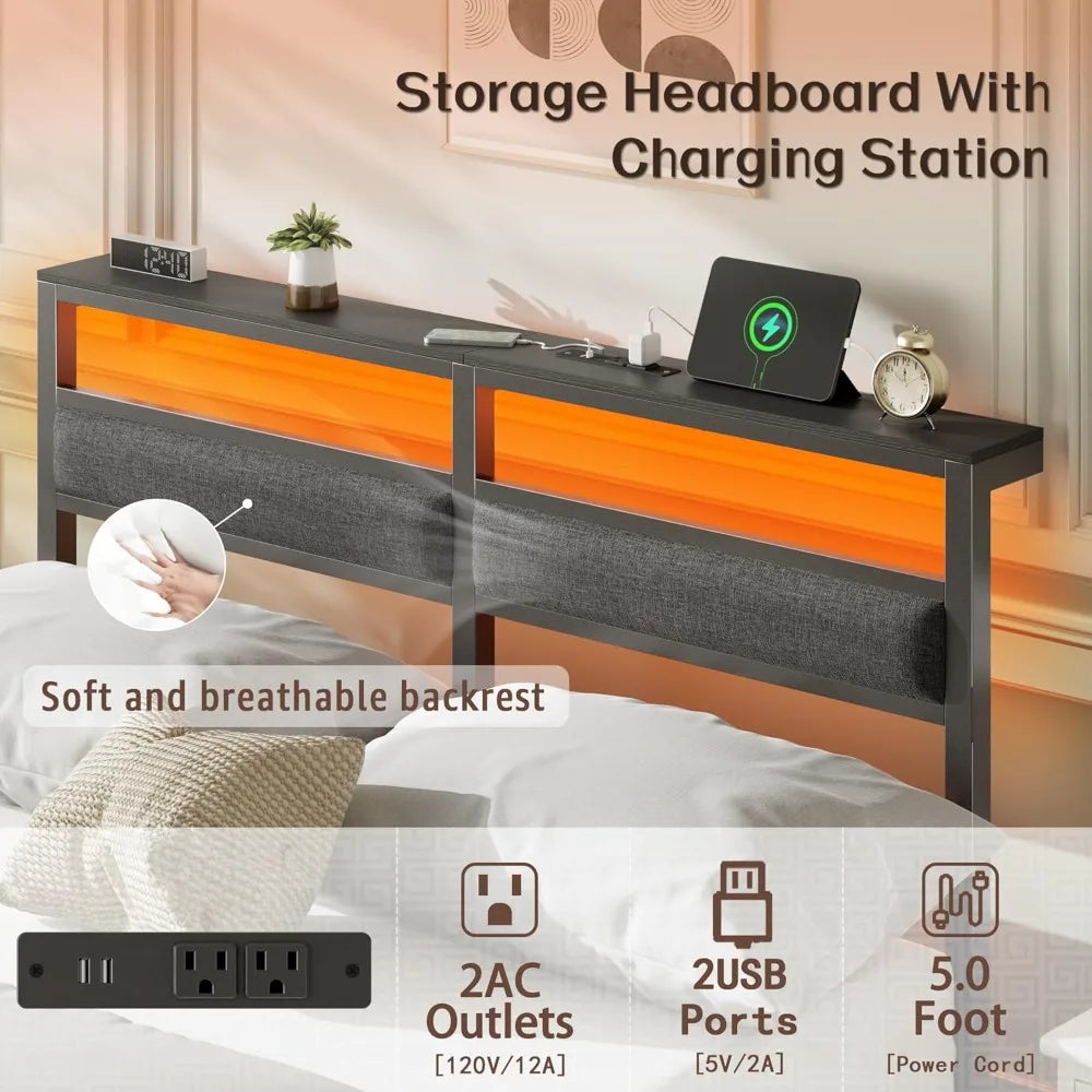 HUANZHUANG Bed Frame With LED Headboard Charging Station Storage Shelf