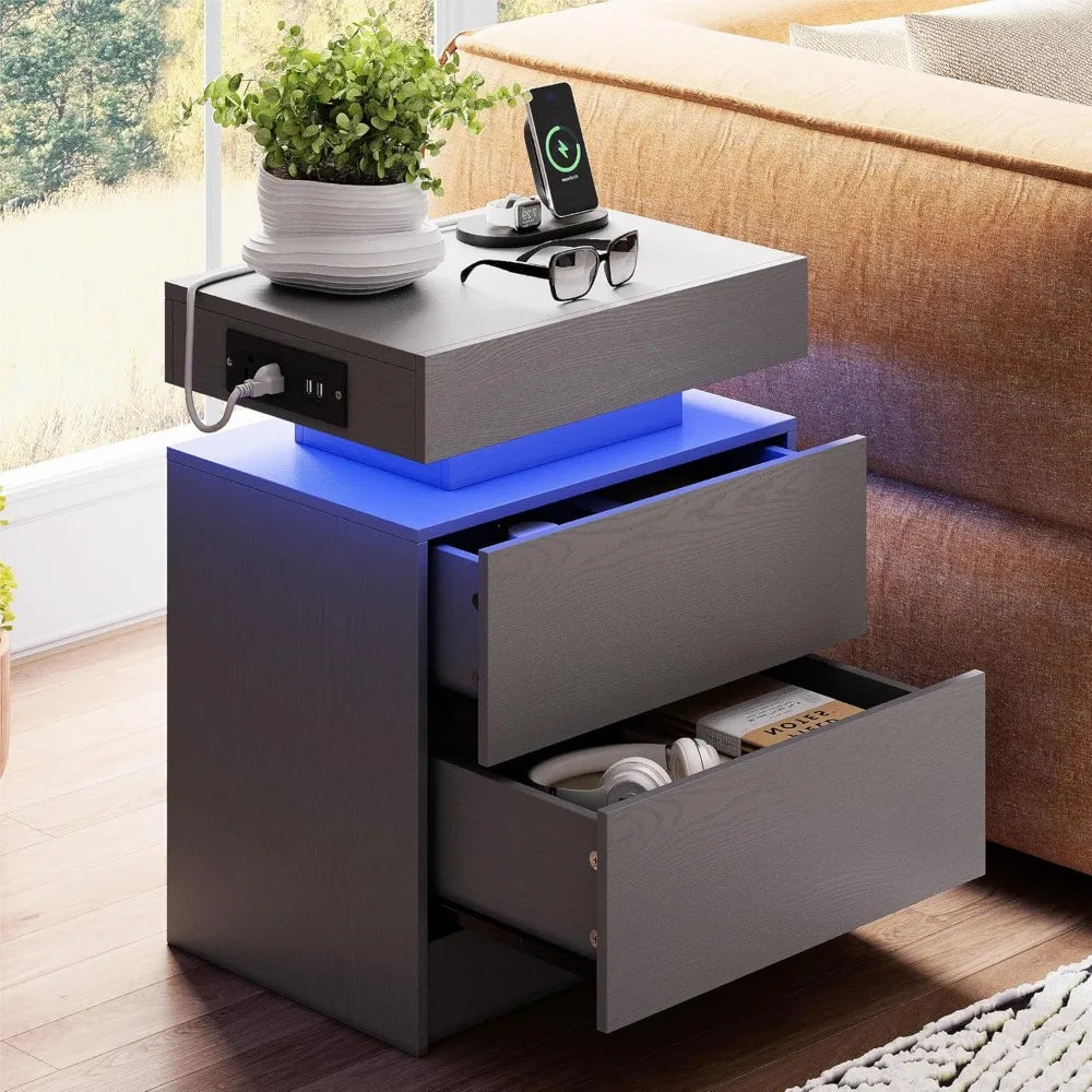 CHENGWEI Nightstand With Charging Station And LED Drawer