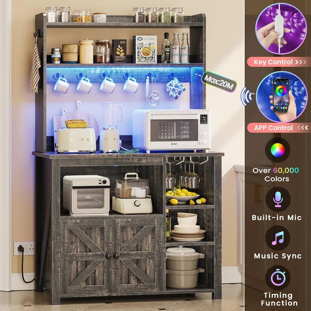 RBXC Coffee Bar Cabinet With Power Outlet Hutch LED Lights