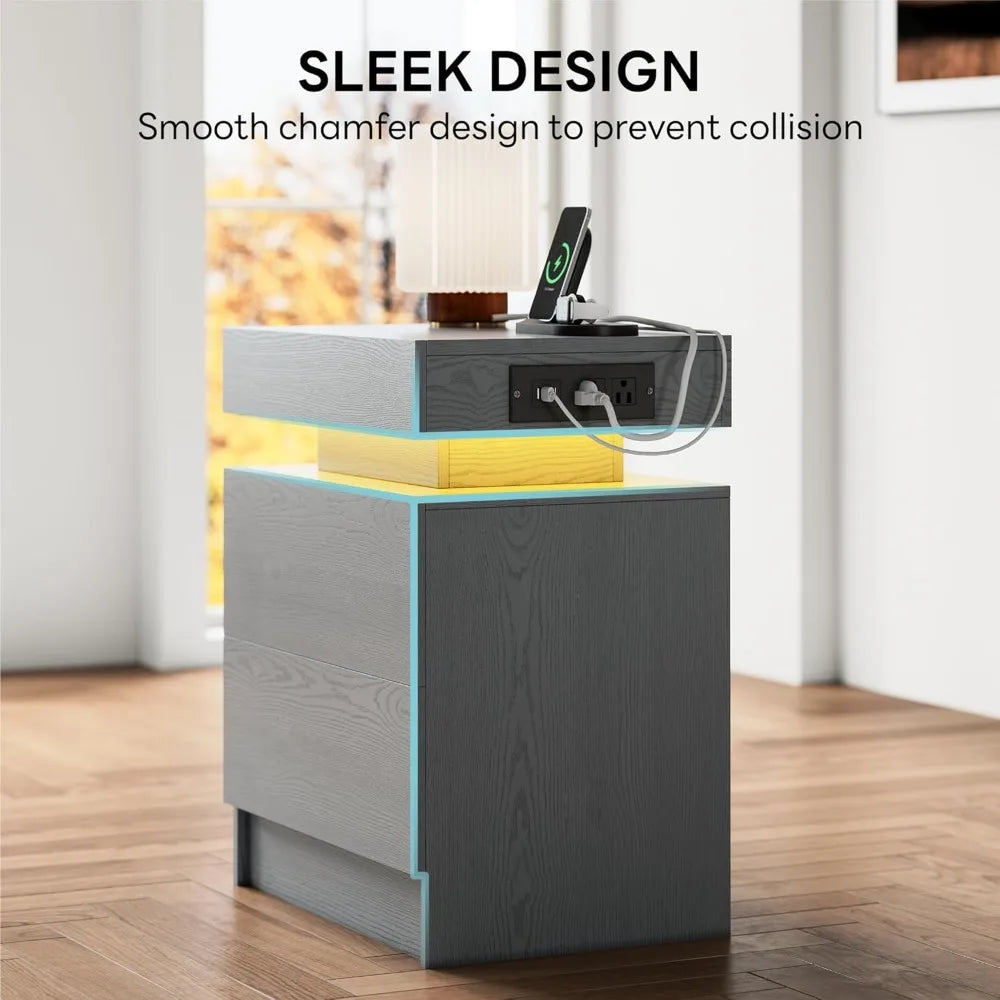 CHENGWEI Nightstand With Charging Station And LED Drawer