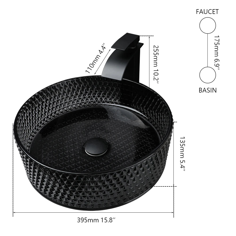 ZAPPO Black Bathroom Vessel Sink Crystal Glass Vessel Sink Faucet Tap Combo Countertop Sink for Bathroom Hotel Deck Mount Sinks