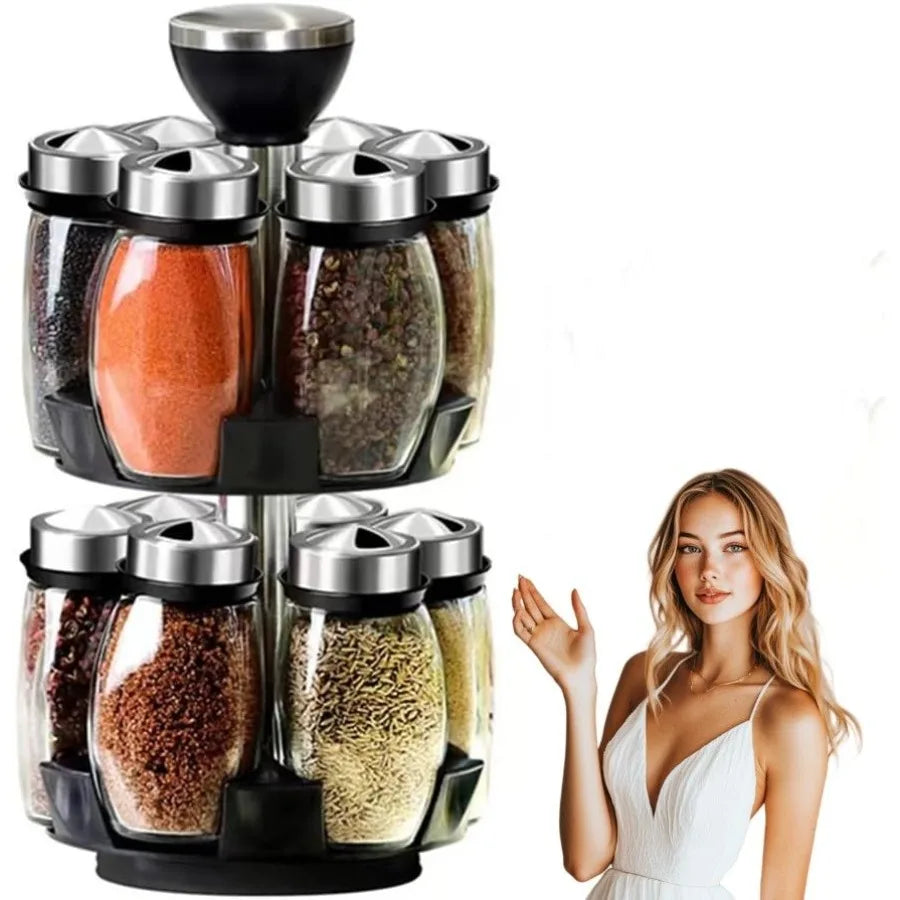 Hign-concerned Revolving Spice Rack Set 12 Glass Jars Organizer