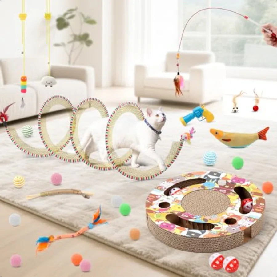 40 Pieces Cat Toys for Indoor Cats Kitty with Interactive Cat Tunnel Scratcher Feather Wand Plush Ball Toy Cat Collar Catnip To