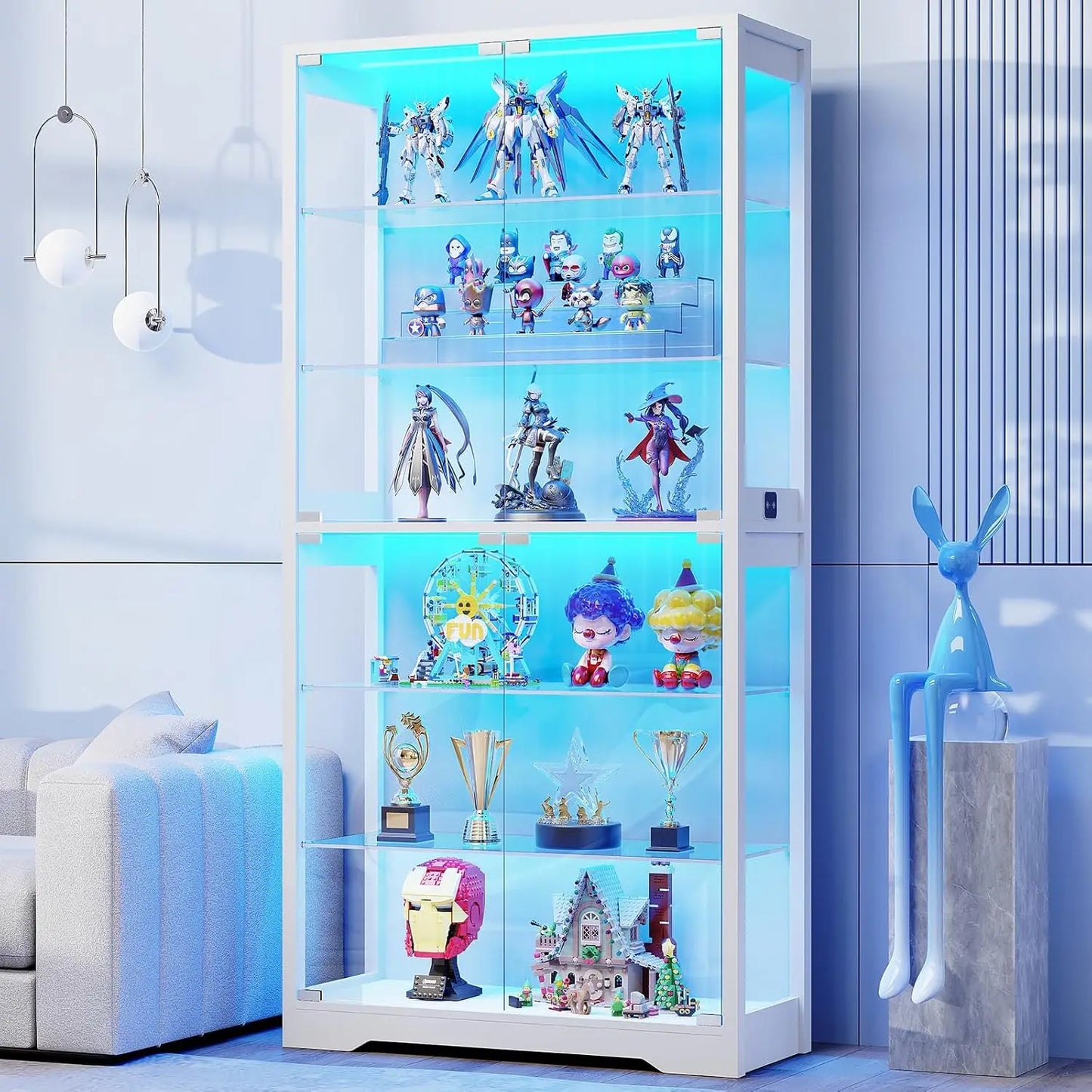 Display Cabinet With Glass Door 6 Tier Curio Cabinet Three Color LED Lighting