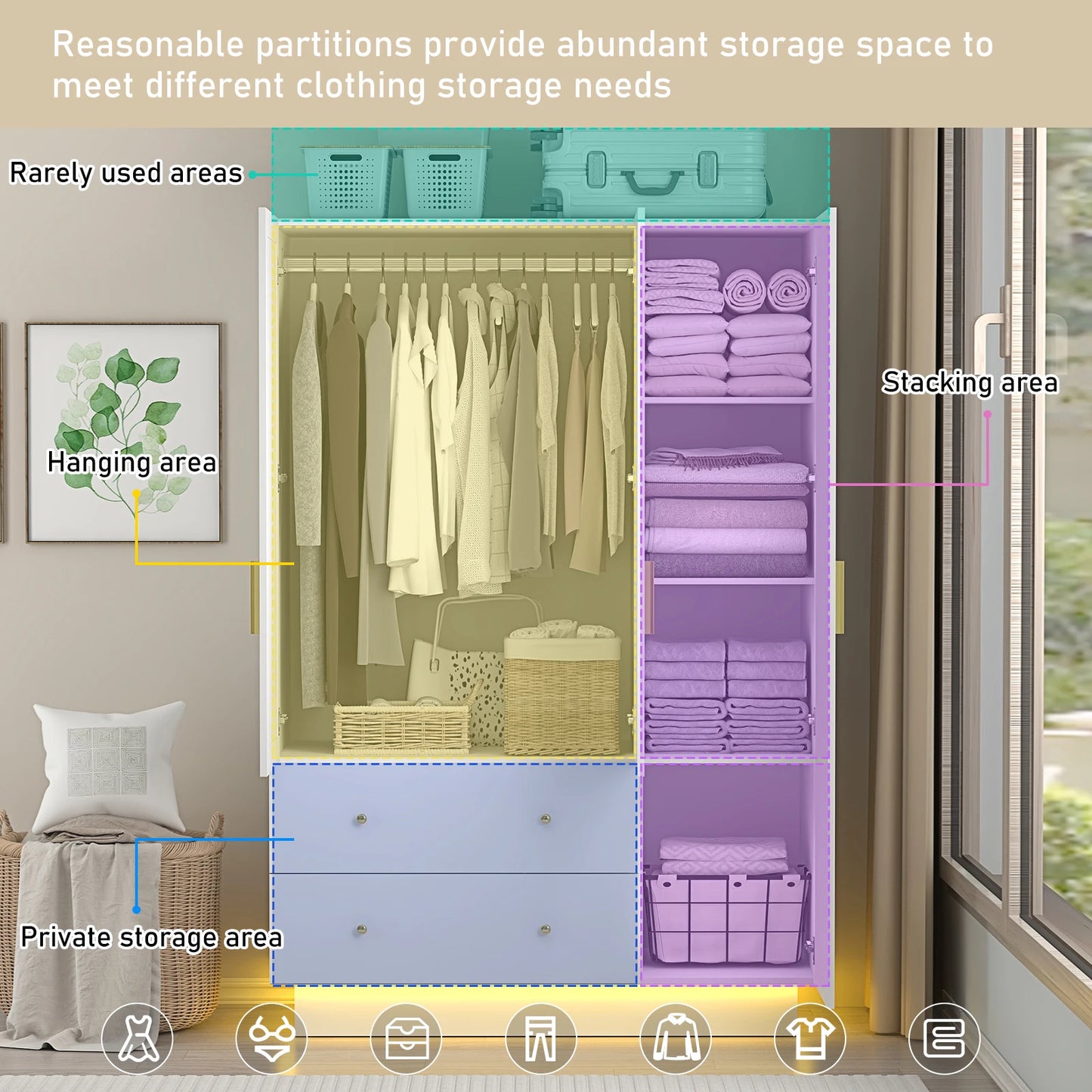 Modern Wooden Armoire Wardrobe Closet with Hanging Rod for Bedroom, 3 Door Wardrobe Closet with Mirror & LED Lights,White