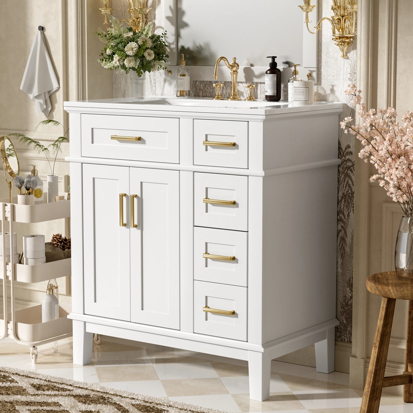 SH.KL 30" Bathroom Vanity with Ceramic Sink, Modern Storage Cabinet with Soft-Close Doors, Bathroom Furniture, Vanities