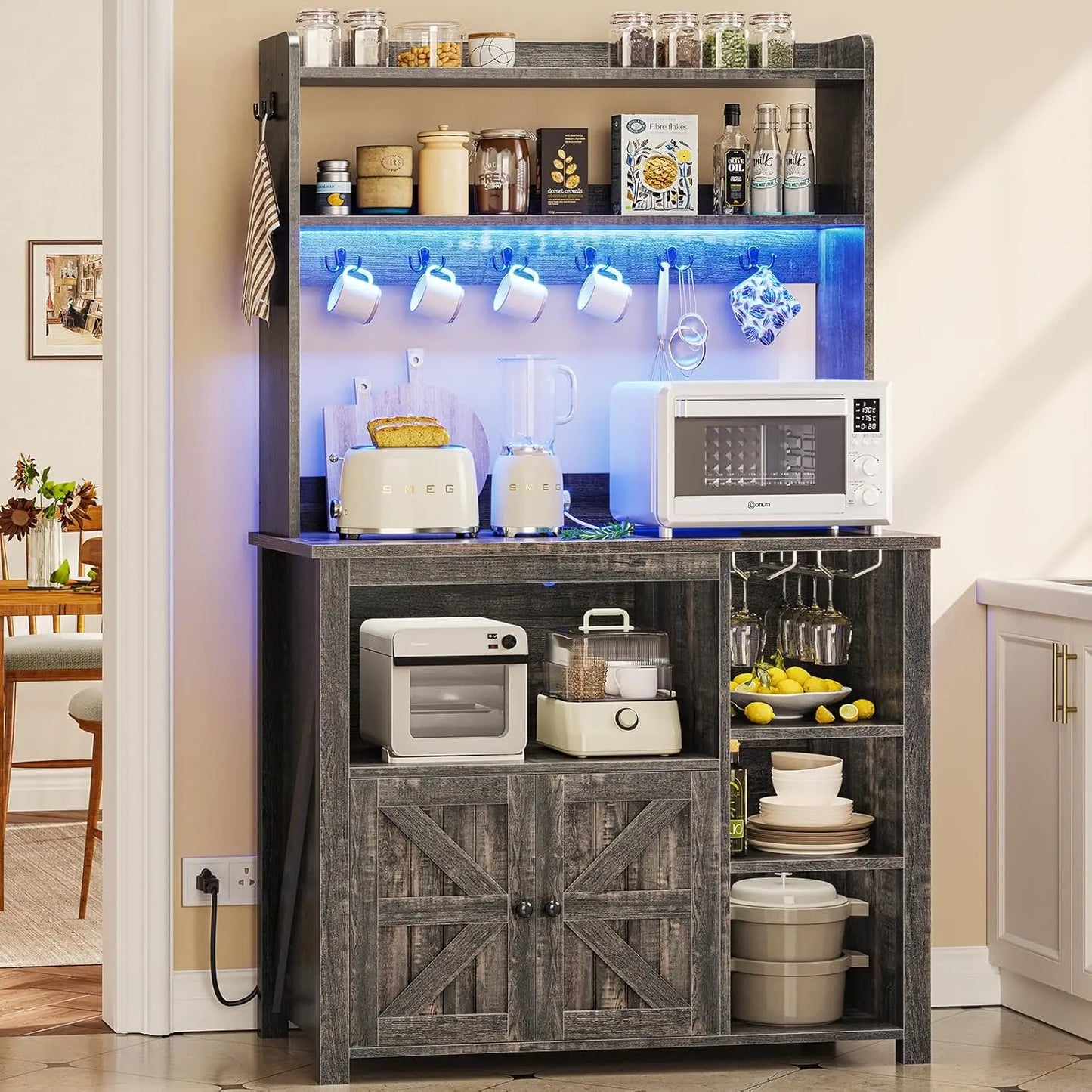 RBXC Coffee Bar Cabinet With Power Outlet Hutch LED Lights