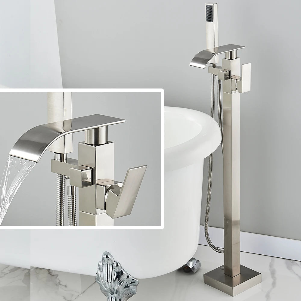 Black Waterfall Free Standing Tub Faucet Floor Tub Filler Faucet Brass Bathroom Tub Faucets with Hand Shower
