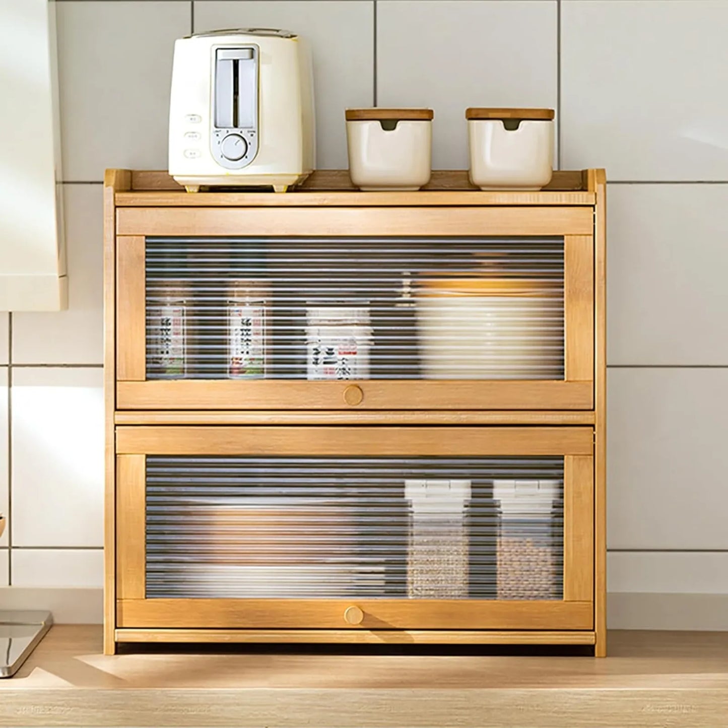 Each 2 Tier Bamboo Kitchen Storage Cabinet With Clear Acrylic Doors