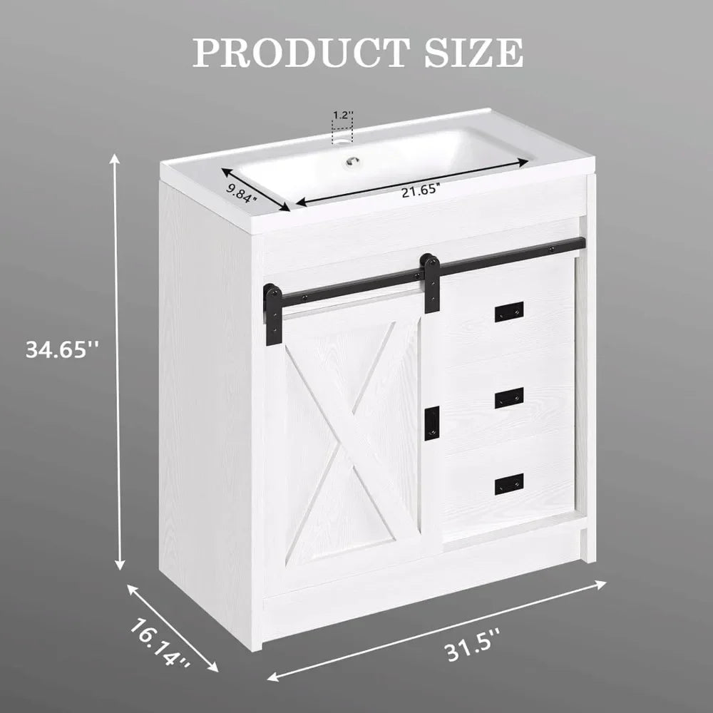 with 2 Drawers & Sliding Barn Door, Farmhouse Bathroom Vanity with Sink, Bathroom Vanity Cabinet