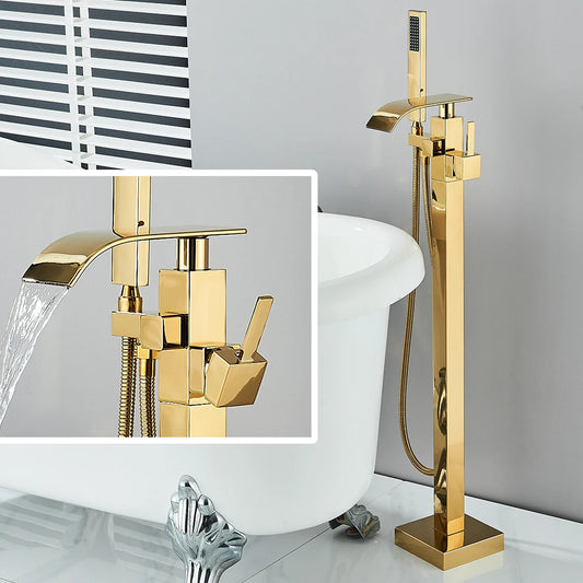 Black Waterfall Free Standing Tub Faucet Floor Tub Filler Faucet Brass Bathroom Tub Faucets with Hand Shower