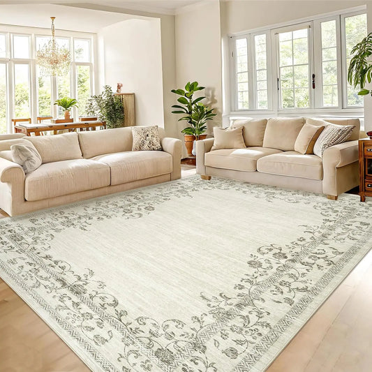 Washable Area Rug for Bedroom Farmhouse Rugs for Living Room Indoor Floral Bordered Large Rug Soft Carpet for Dining Room Office