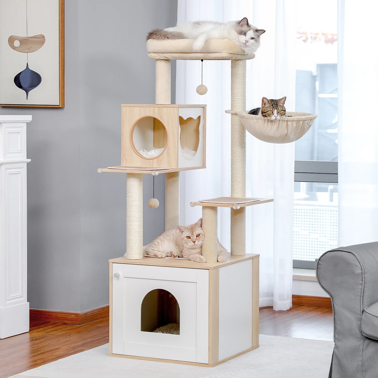 PEQULTICN Cat Tree Tower Litter Box Wood Structure Storage