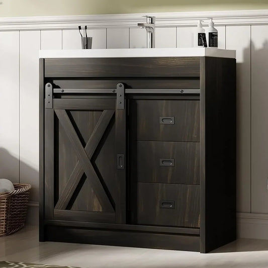 with 2 Drawers & Sliding Barn Door, Farmhouse Bathroom Vanity with Sink, Bathroom Vanity Cabinet