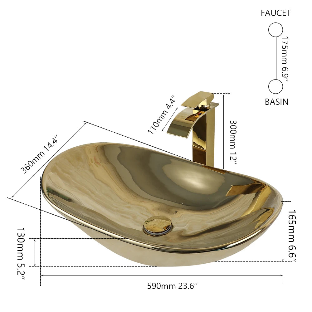 OUBONI Gold Ceramic Luxury Bathroom Vessel Sink Set  Bowl Washbasin Waterfall Brass Faucet Pop Up Drain Combo High-End Basin Kit