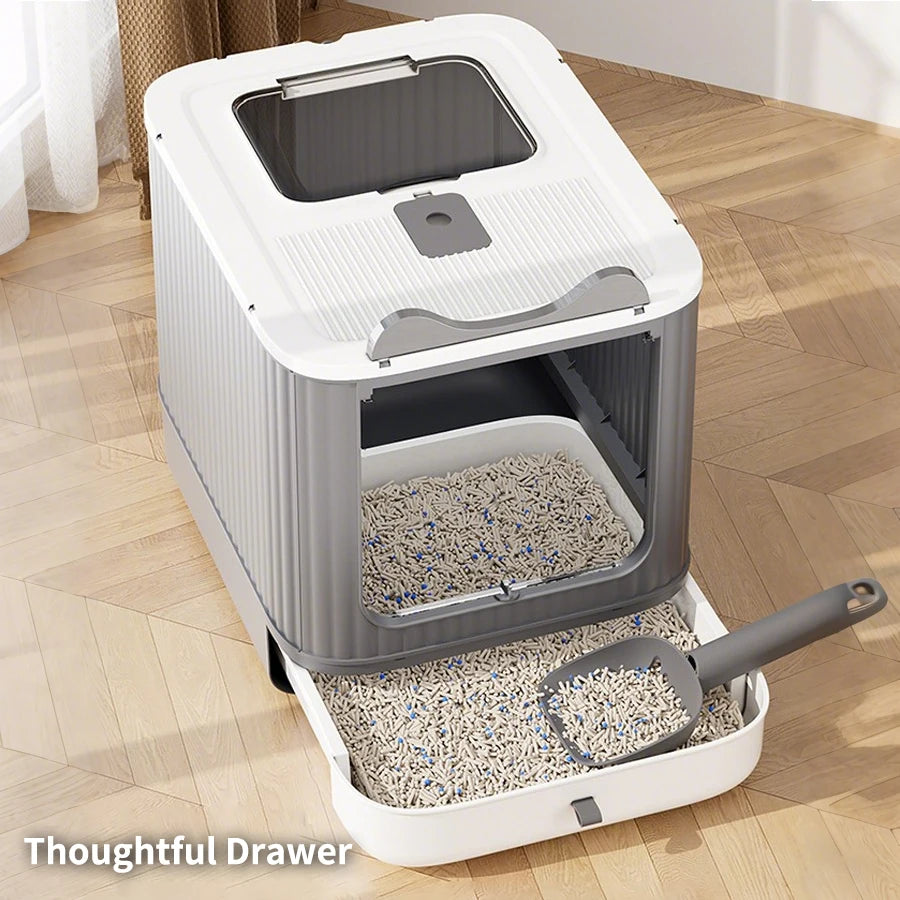 Fully Enclosed Foldable Litter Box With Odor Control And Scoop