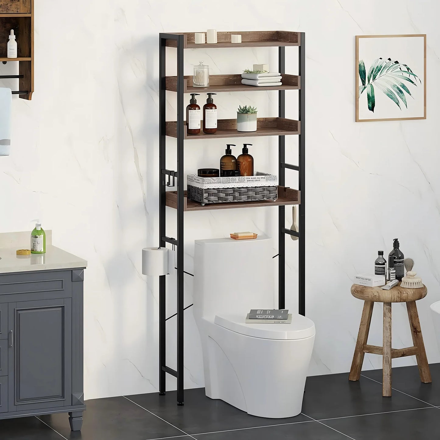 Over The Toilet 4 Tier Freestanding Bathroom Storage Rack Hooks