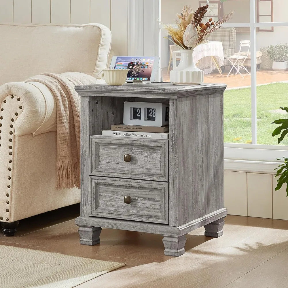 Farmhouse Nightstand with Charging Station, Rustic Nightstand,2 Drawers End Table for Living Room,Bedside Table with Open Shelf