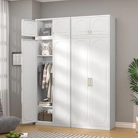 86" Metal Wardrobe Cabinets,Armoire Wardrobe Closet with Hanging Rod,Clothes Storage Cabinet with Adjustable Shelves and Doors,C