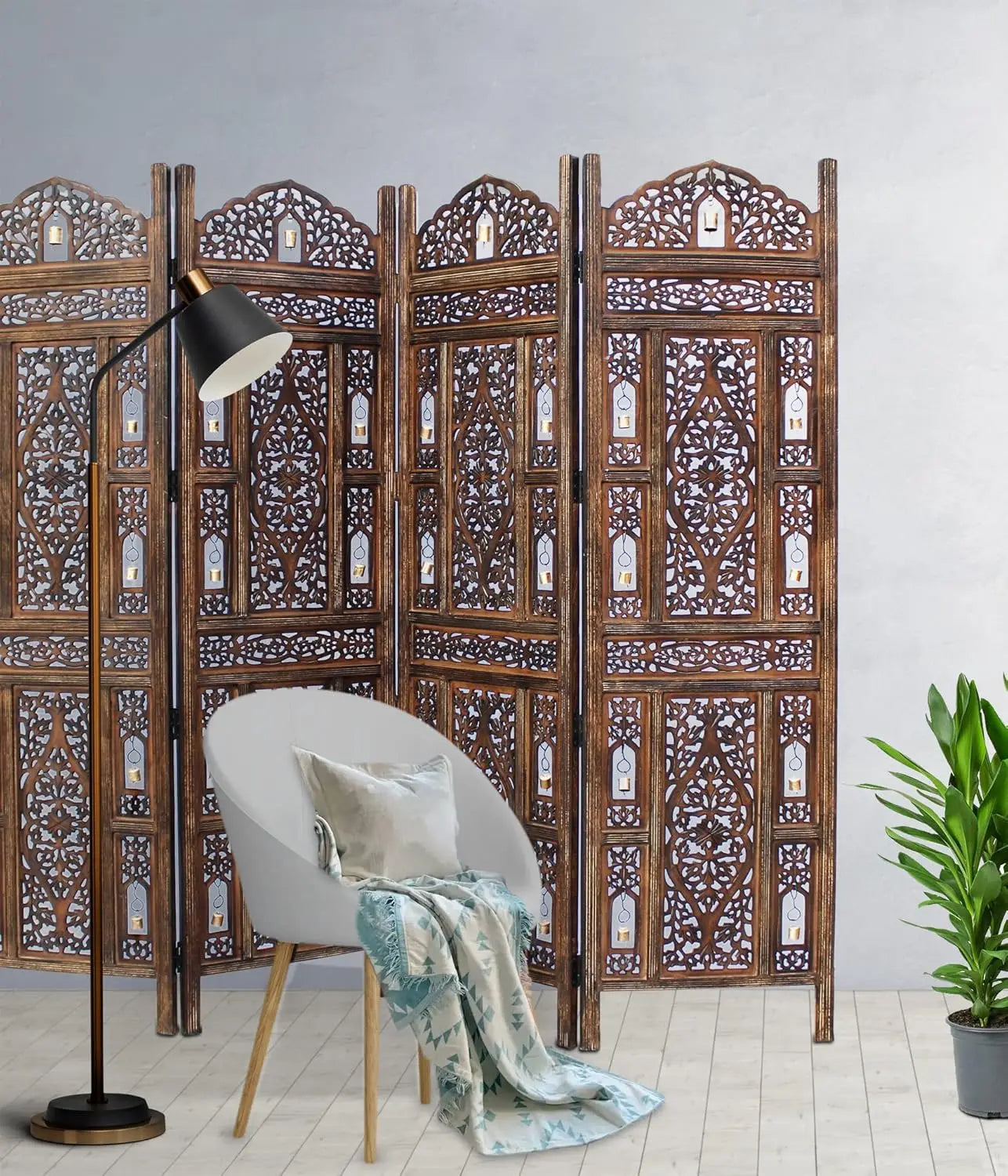 Room Divider Wood Screen Hand Carved Antique Folding