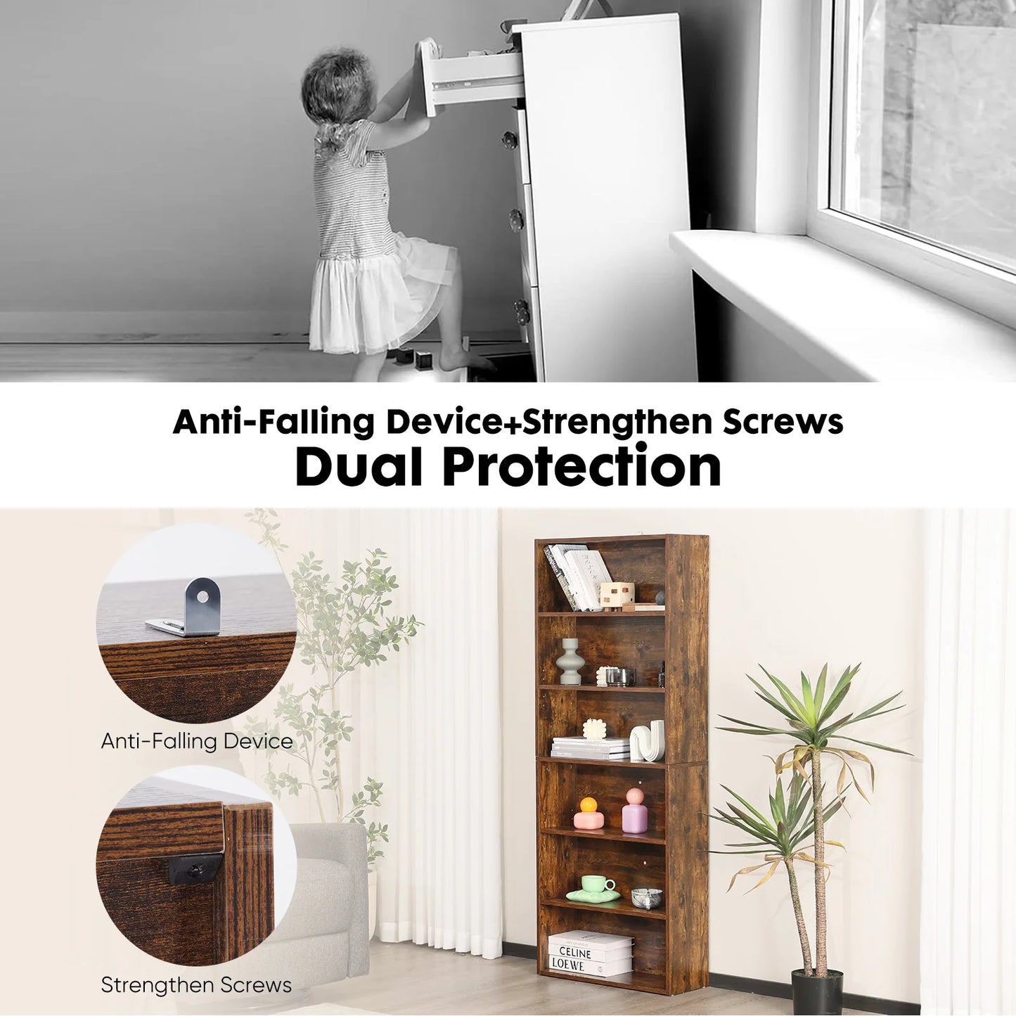 JHK 6 Tier Wooden Floor Standing Bookcase Open Bookshelf